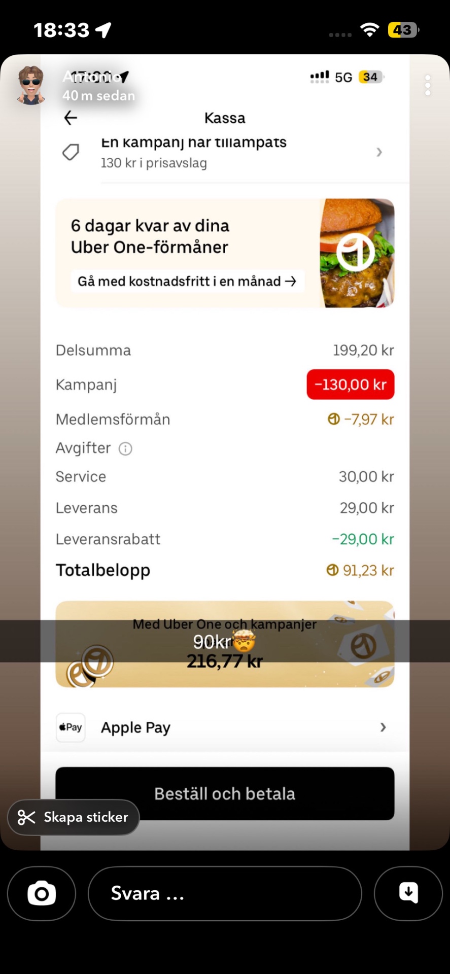 Uber Eats matleverans med rabattkod – 91 kr istället för 220 kr